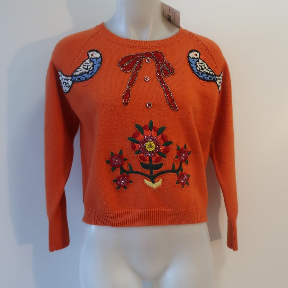 NWT Womens Tina Demel Orange Lovebirds Patches Sweater S